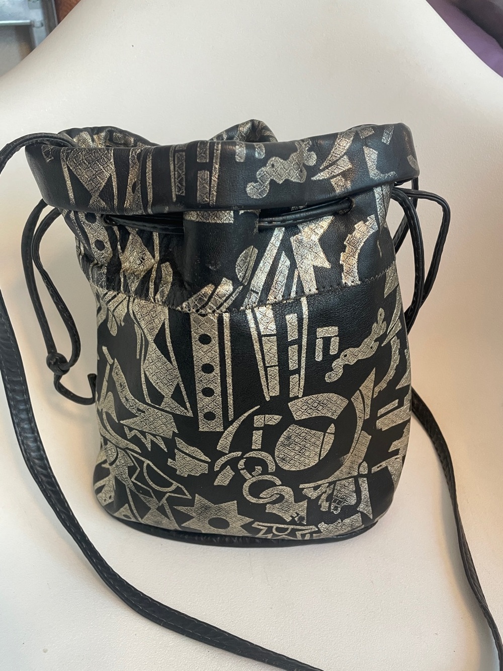 Round Hobo LEATHER Crossbody Bucket Bag Tribal Print Black+Gold